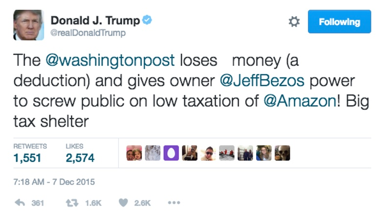 One of Donald Trump’s many tweets about the Washington Post, Amazon, and CEO Jeff Bezos, calling Amazon a “big tax shelter” (Twitter)